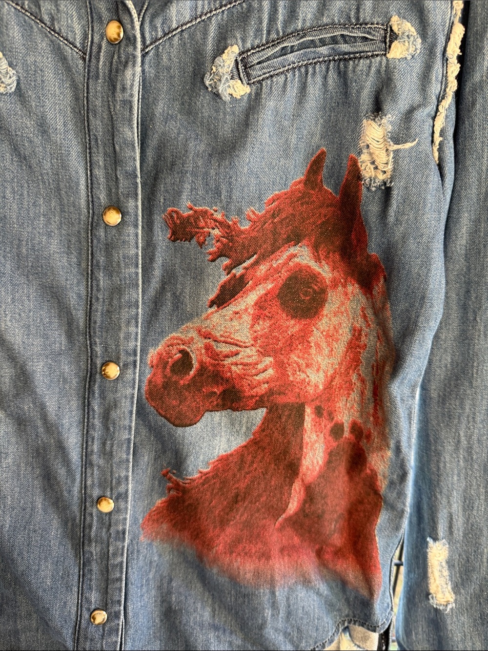 Angel Denim Button-Down Shirt with Red Horse Print